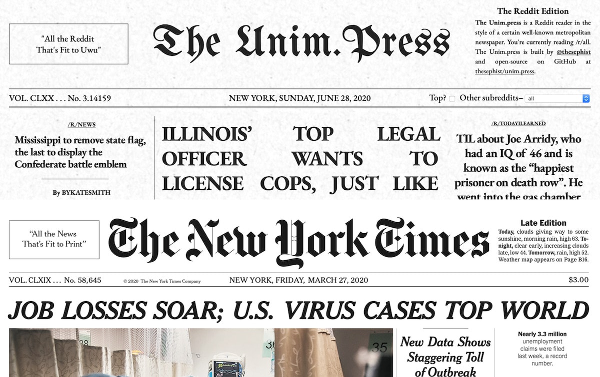 Unim.press and The New York Times’s header designs