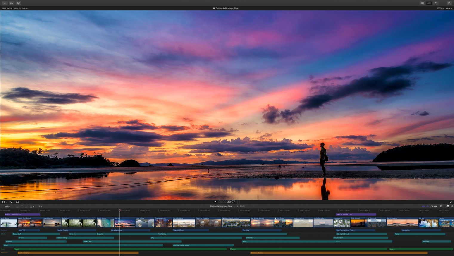 A screenshot of Final Cut Pro, with a timeline of layered clips at the bottom