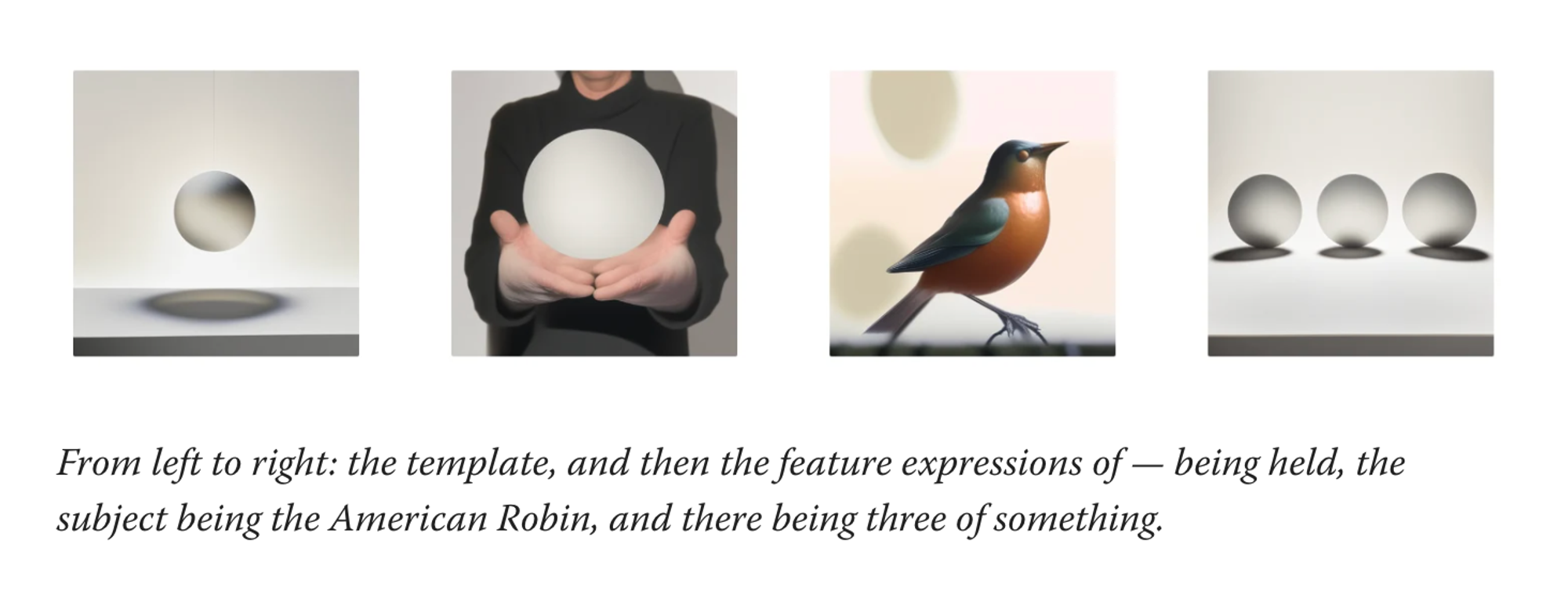 Four images showing feature expressions: a white circle hovering above a surface, hands holding a glowing sphere, a colorful American Robin, and three white spheres in a row, illustrating concepts from computer vision feature analysis.