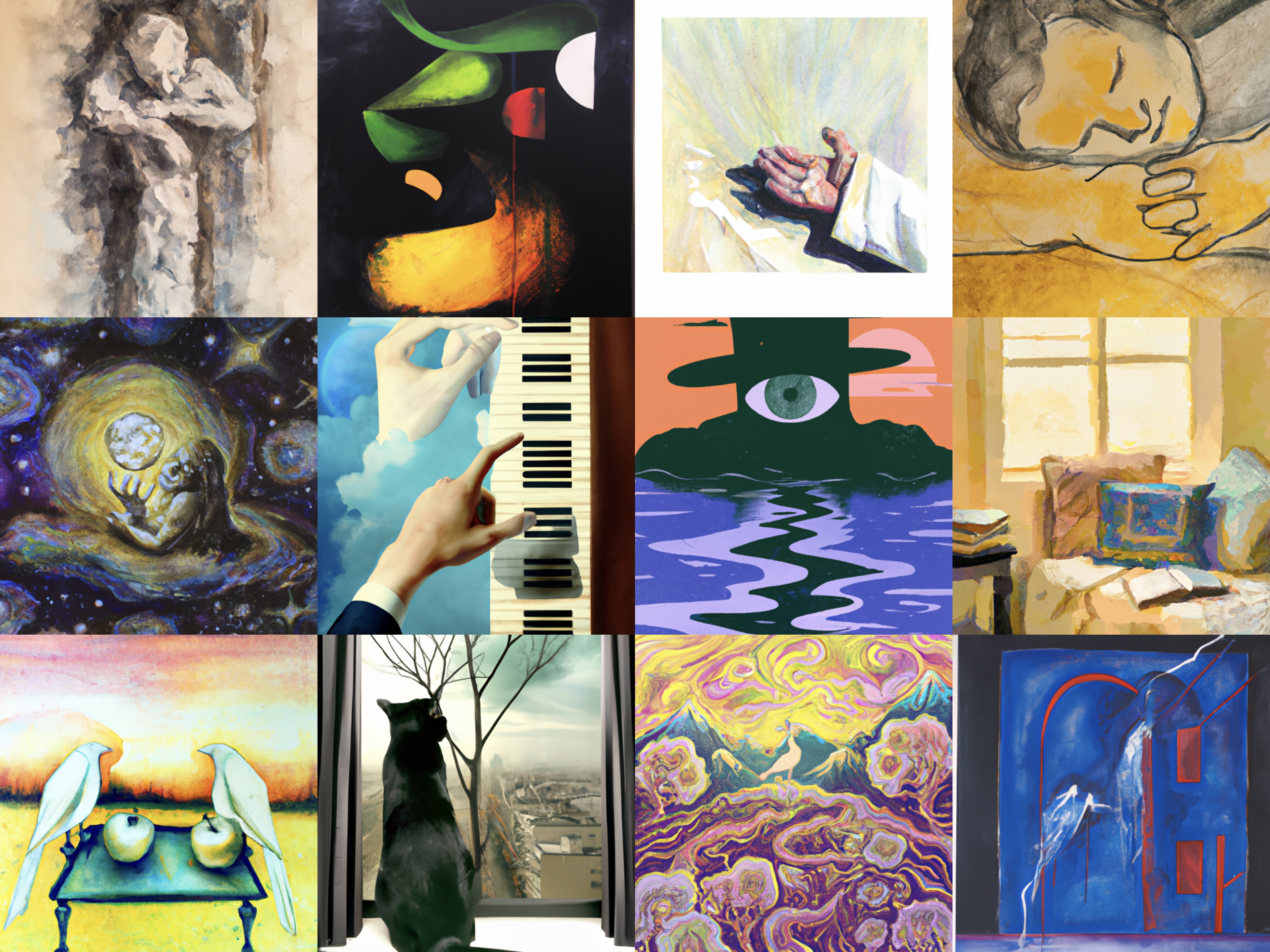 A 4x3 grid of diverse AI-generated artworks: abstract shapes, cosmic scenes, portraits, still life, surrealism, and landscapes, showcasing DALL-E 2’s versatility in color, composition, and subject matter.