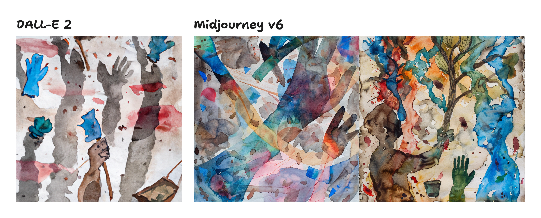 Side-by-side comparison of two abstract watercolor-style images: DALL-E 2 on left with simpler, isolated hand shapes; Midjourney v6 on right with more complex, blended forms and richer color palette and more realistic human forms.