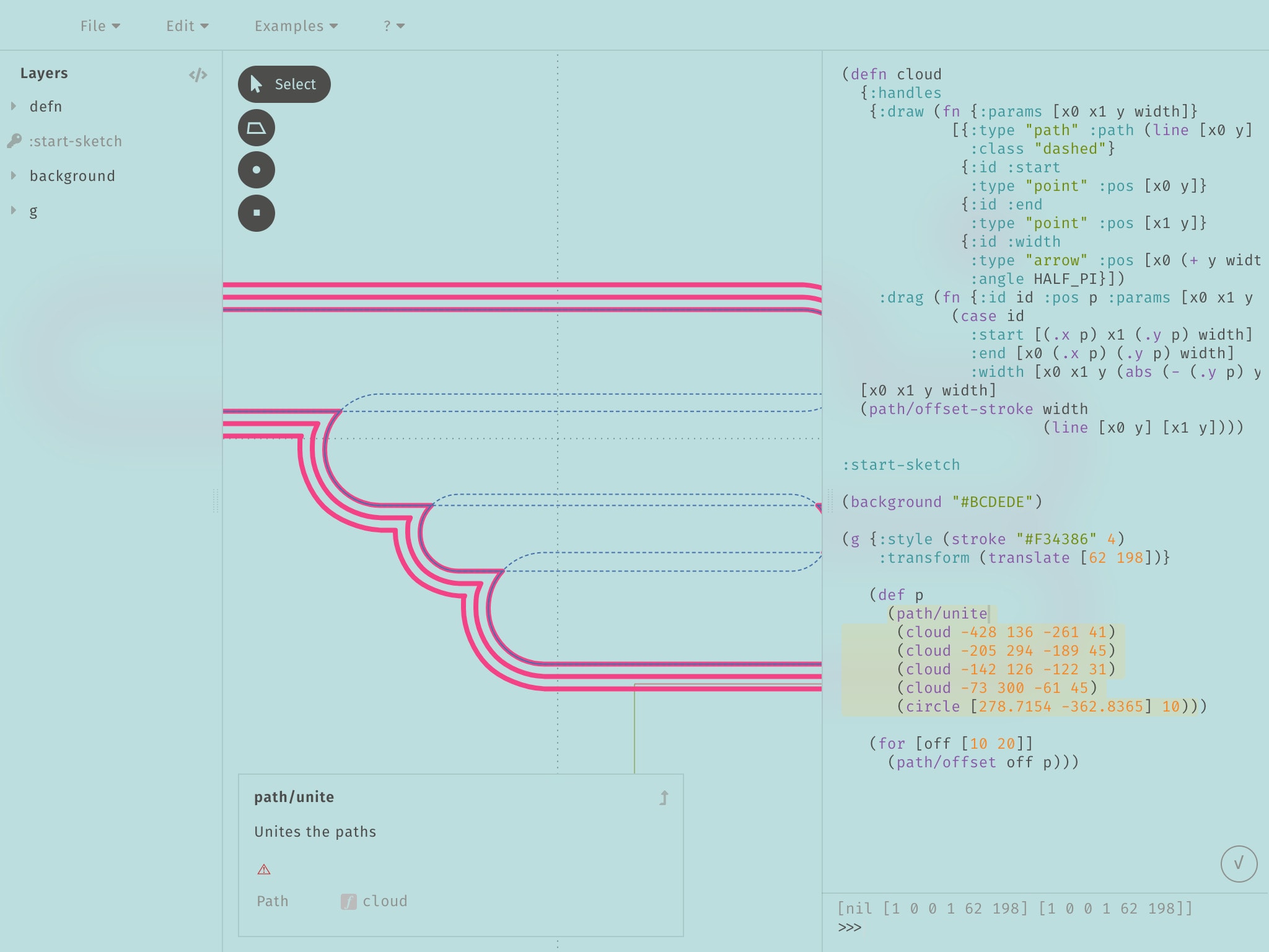 A screenshot of Glisp. A simple geometric drawing is displayed on a canvas, with Lisp code that generates that drawing on a right panel. A block of code is highlighted; that code block corresponds to the part of the drawing highlighted with the mouse.