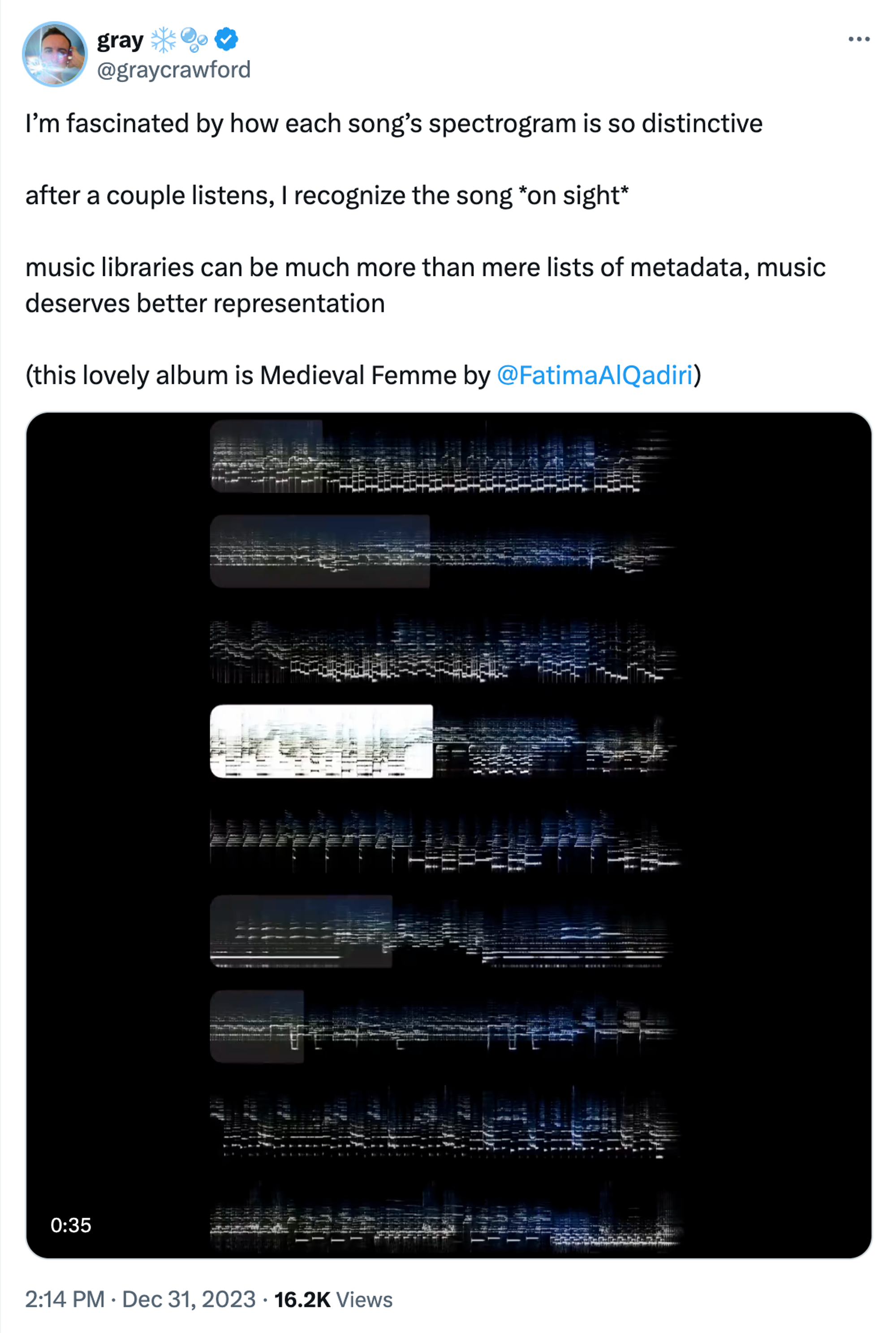 Tweet by @graycrawford about song spectrograms, with an image showing nine unique spectrogram patterns from the album ‘Medieval Femme’ by Fatima Al Qadiri. Each spectrogram displays distinct visual patterns of white and blue frequencies on a black background.