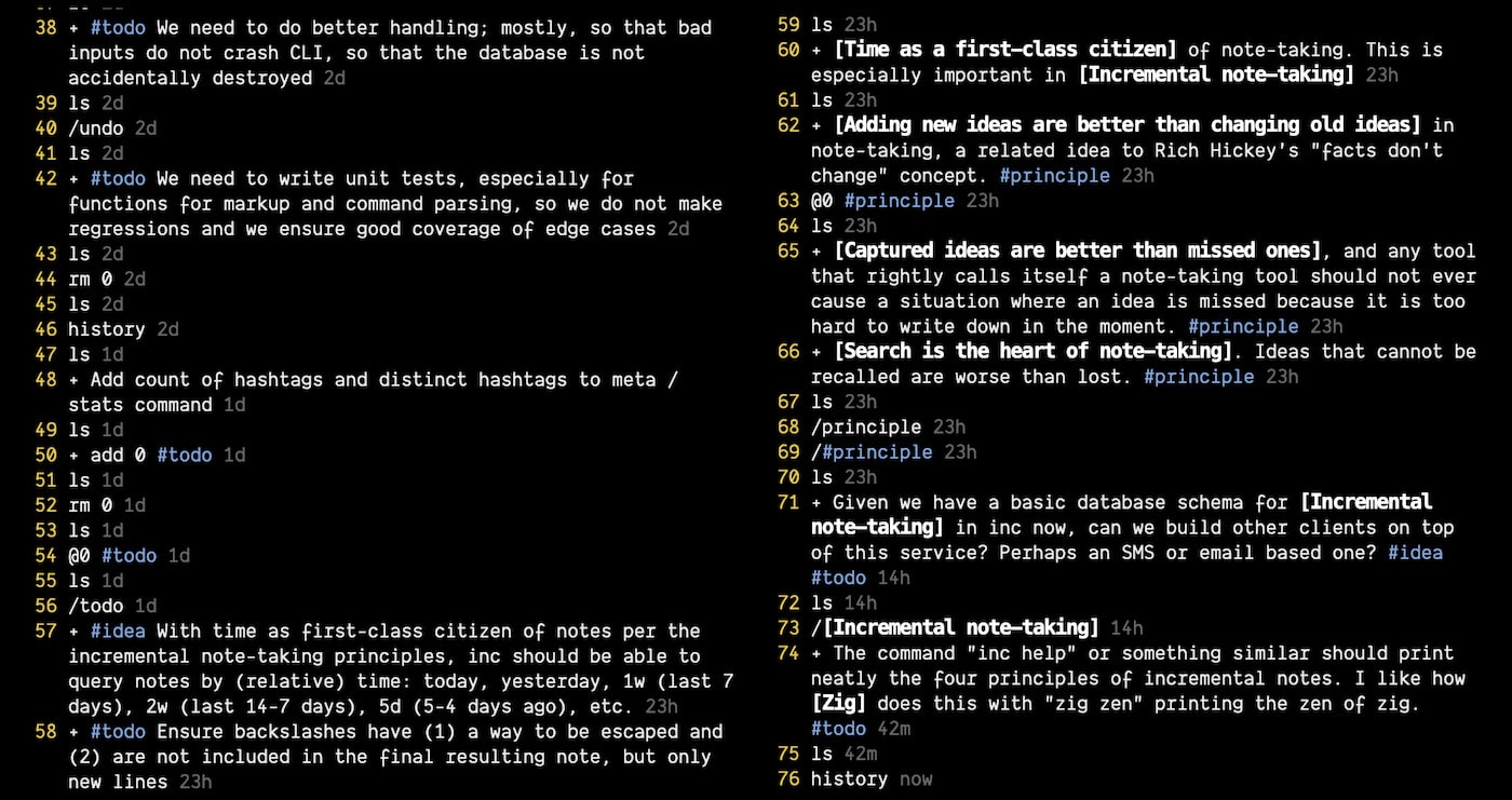 A history of inc commands I ran to keep track of my work on inc