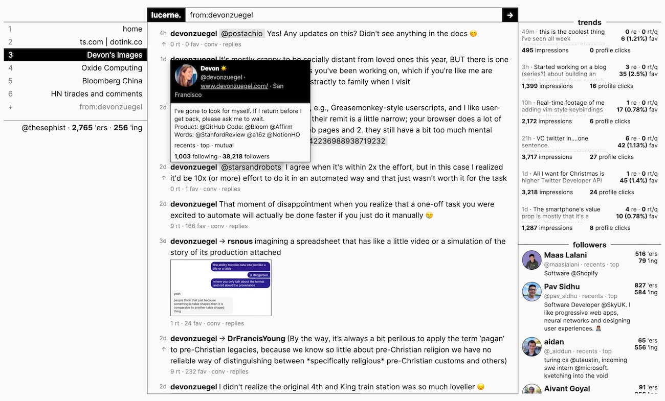 Lucerne looking at tweets by @devonzuegel
