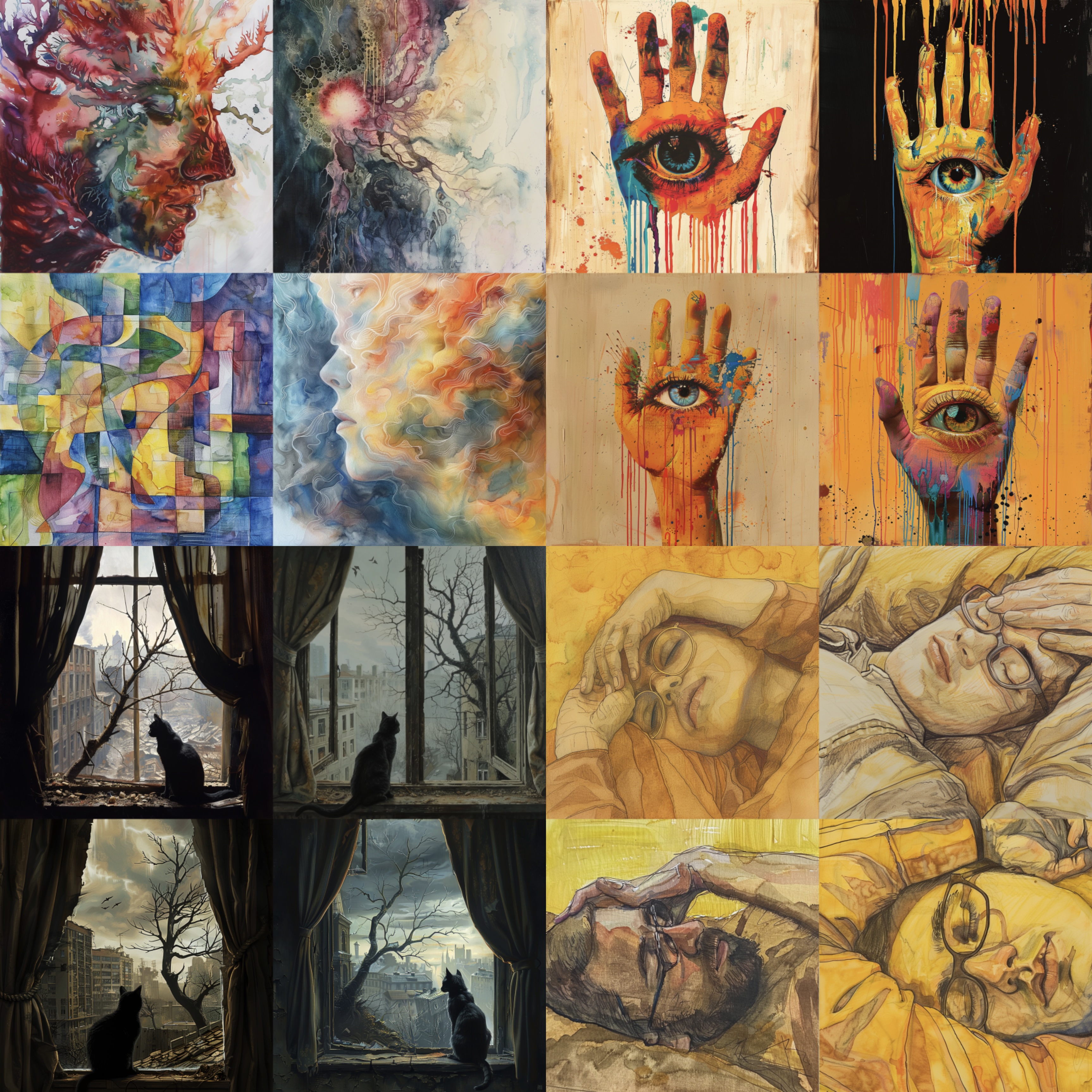 A 4x4 grid of surreal yet highly detailed artworks: vivid abstract portraits, photorealistic hands with eyes, intricate cityscapes with cats, and lifelike sleeping figures, showcasing more intense colors, cohesive themes, and significantly higher detail than the previous collection.