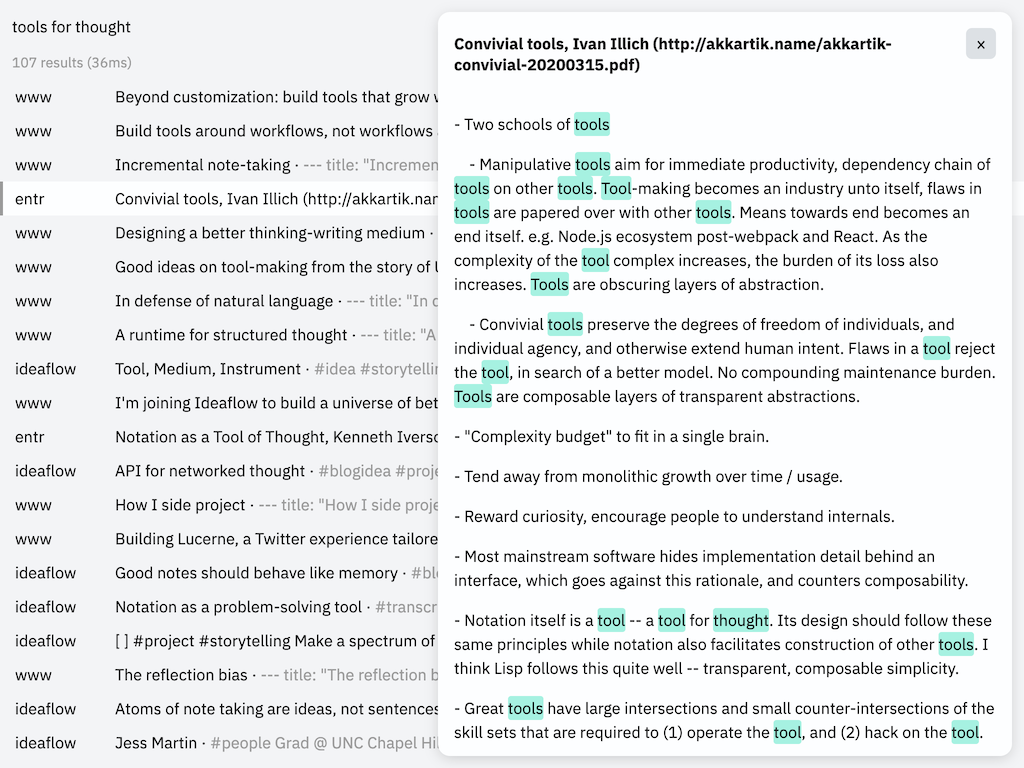 Screenshot of a search results page in Monocle, with a preview of one of the results on the right