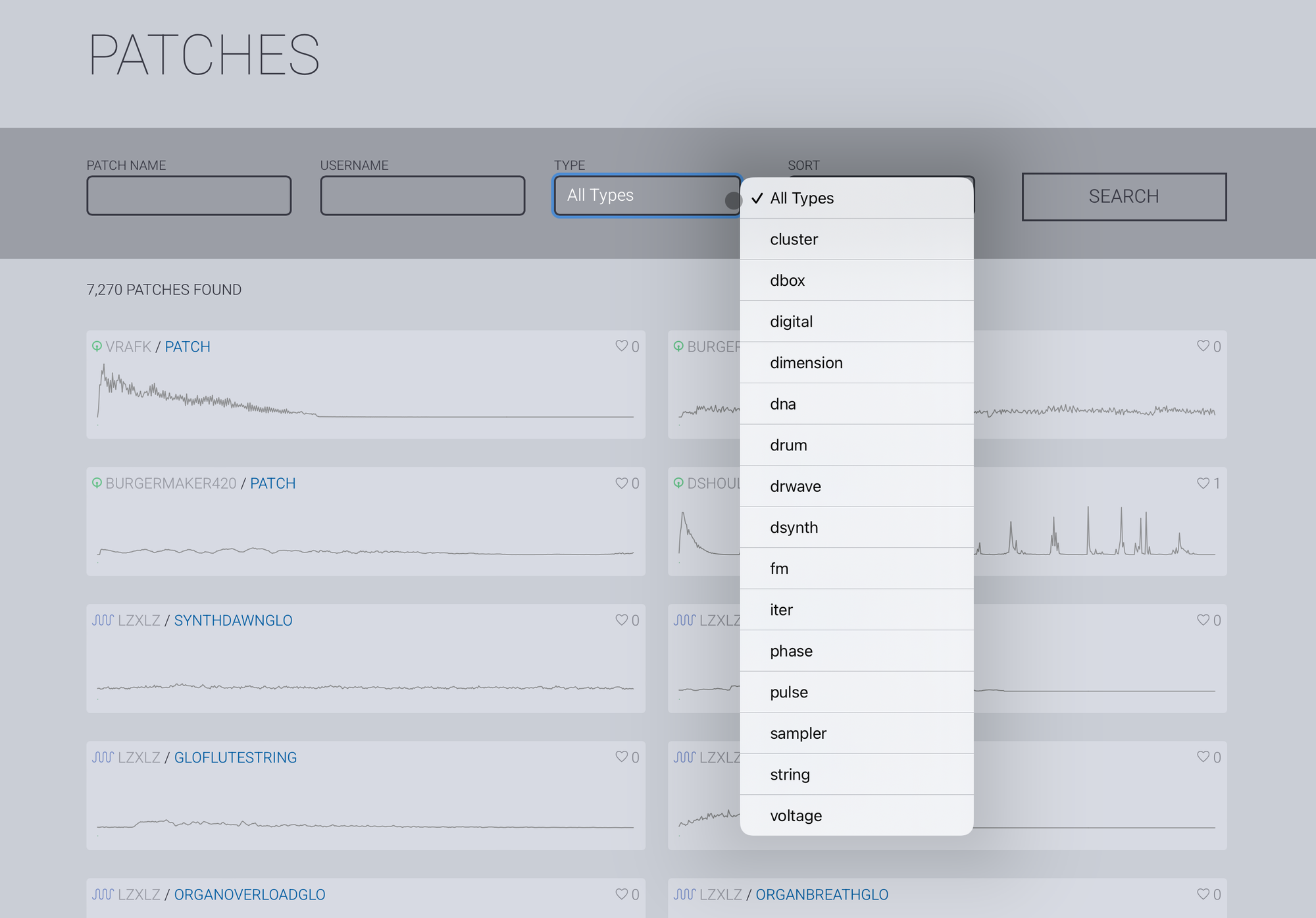 Screenshot of the OP-1 sound patch library website, displaying a list of sound patches with names like ‘VRAFK’ and ‘Burgermaker420’. The interface includes a ‘Type’ filter with options such as digital, drum, dsynth, and a search bar, showcasing various users’ contributions and the vibrancy of the OP-1 community.