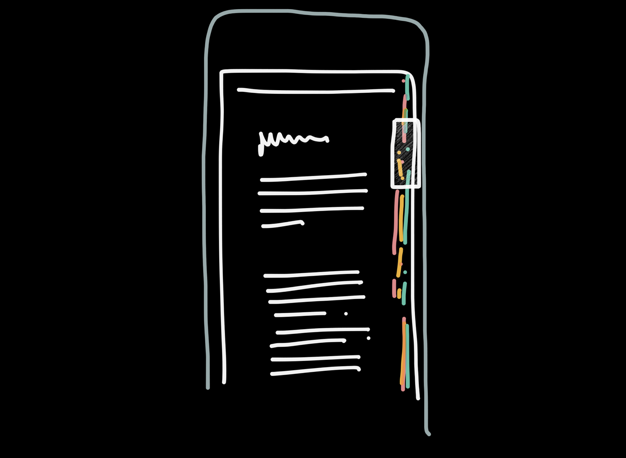 Sketch of a smartphone screen showing a text document with white lines representing text on a black background. A colorful vertical bar on the right edge represents a spectrogram, suggesting interactive content analysis features.