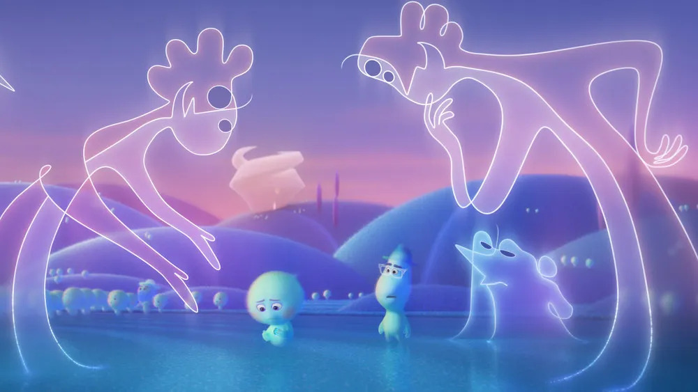 A frame from the film Soul, showing two characters creatively illustrated as ghostly line drawings.