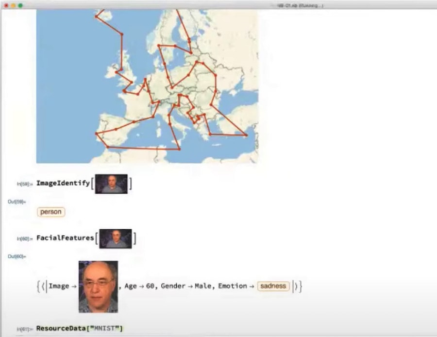 An interactive console running Wolfram Language, with image thumbnails interspersed into the programming syntax
